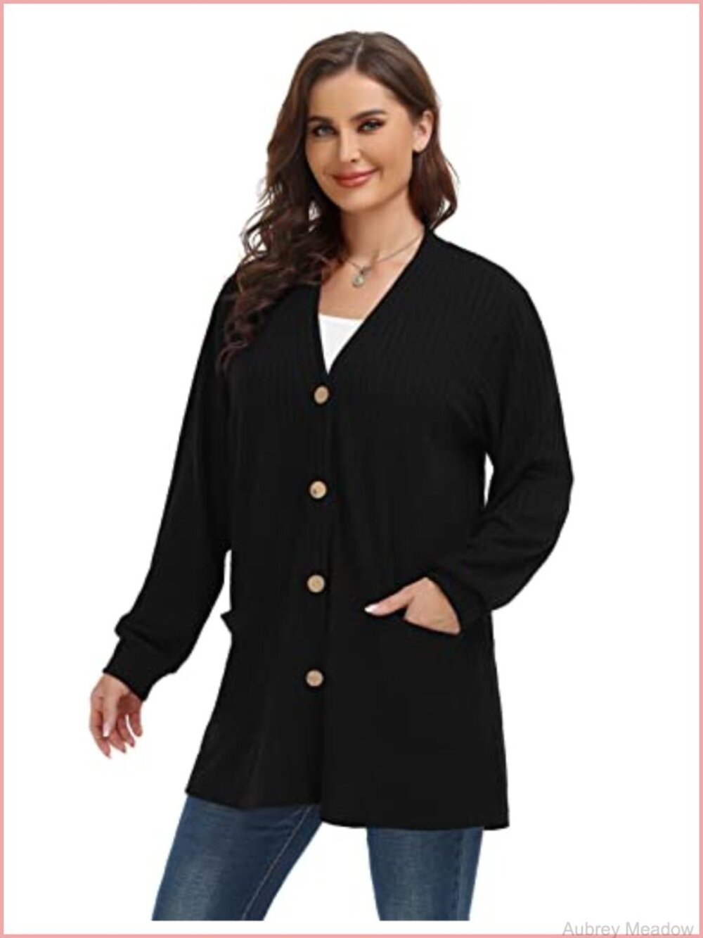Plus Size Ribbed Button Front Cardigan with Pockets Lightweight - Picture 3 of 6